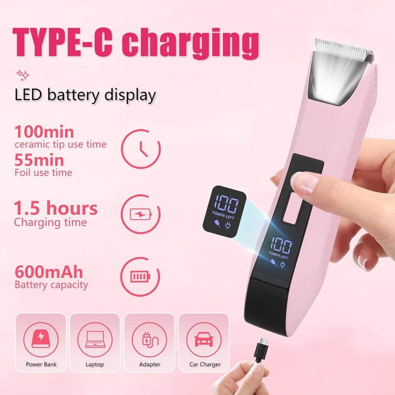 Bomic 2-in-1 Bikini Trimmer for Women - Electric Razor & Pubic Hair Shaver with LED Light & Display, IPX7 Waterproof, USB-C Fast Charge, Travel Lock, Ceramic Blades for Body/Underarm/Leg, Painless Grooming - Image 5